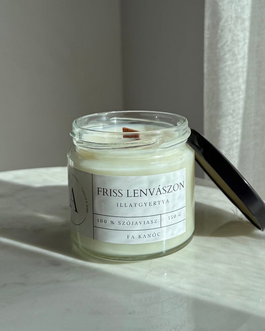 Friss lenvászon illatgyertya fa kanóccal - AMBROSIA Candles & More