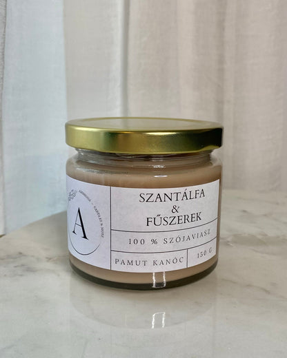 Szantálfa és fűszerek illatgyertya pamut kanóccal - AMBROSIA Candles & More