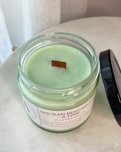 Szicíliai bergamott & lime illatgyertya fa kanóccal - AMBROSIA Candles & More