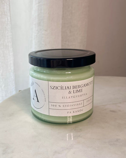 Szicíliai bergamott & lime illatgyertya fa kanóccal - AMBROSIA Candles & More