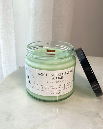 Szicíliai bergamott & lime illatgyertya fa kanóccal - AMBROSIA Candles & More