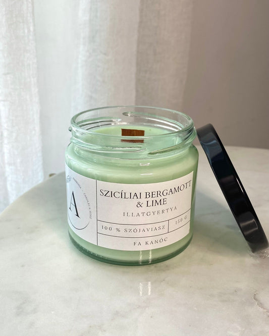 Szicíliai bergamott & lime illatgyertya fa kanóccal - AMBROSIA Candles & More